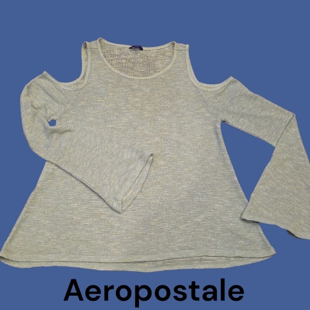 2/$25 Aeropostale Light Blue Shimmer Cold Shoulder Top. Size Medium